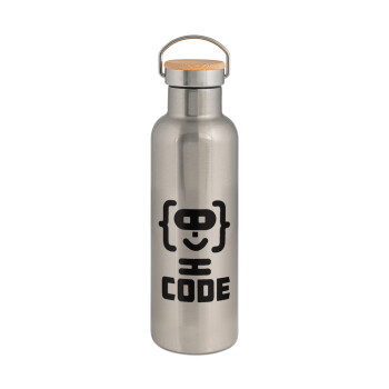 Code Heroes symbol, Μεταλλικό παγούρι θερμός (Stainless steel) Ασημένιο με ξύλινο καπακι (bamboo), διπλού τοιχώματος, 750ml