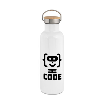 Code Heroes symbol, Μεταλλικό παγούρι θερμός (Stainless steel) Λευκό με ξύλινο καπακι (bamboo), διπλού τοιχώματος, 750ml