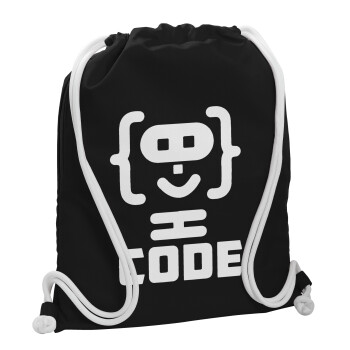 Code Heroes symbol, Τσάντα πλάτης πουγκί GYMBAG Μαύρη, με τσέπη (40x48cm) & χονδρά λευκά κορδόνια