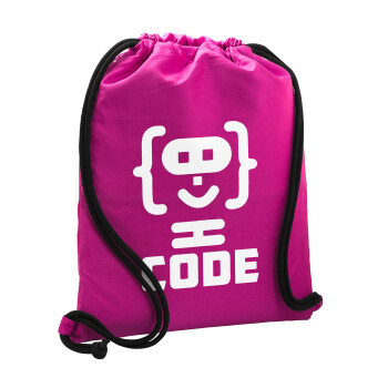 Code Heroes symbol, Τσάντα πλάτης πουγκί GYMBAG Φούξια, με τσέπη (40x48cm) & χονδρά κορδόνια
