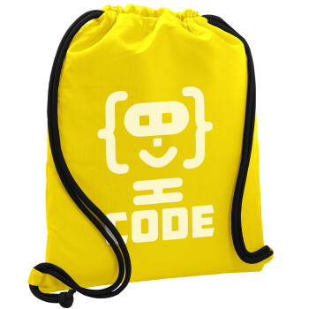 Code Heroes symbol, Τσάντα πλάτης πουγκί GYMBAG Κίτρινη, με τσέπη (40x48cm) & χονδρά κορδόνια