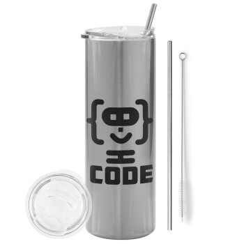 Code Heroes symbol, Eco friendly ποτήρι θερμό Ασημένιο (tumbler) από ανοξείδωτο ατσάλι 600ml, με μεταλλικό καλαμάκι & βούρτσα καθαρισμού