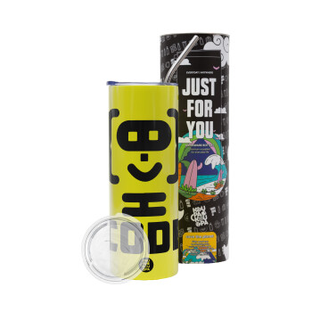Code Heroes symbol, Neon Yellow Travel Tumbler θερμό, μεταλλικό καλαμάκι(Ανωξείδωτο 304 Food grade, BPA free, 600ml)