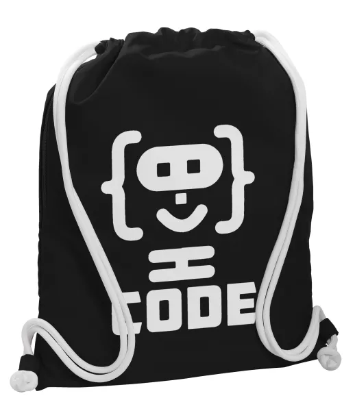 Code Heroes symbol — Backpack pouch GYMBAG Black, with pocket (40x48cm) & thick white cords