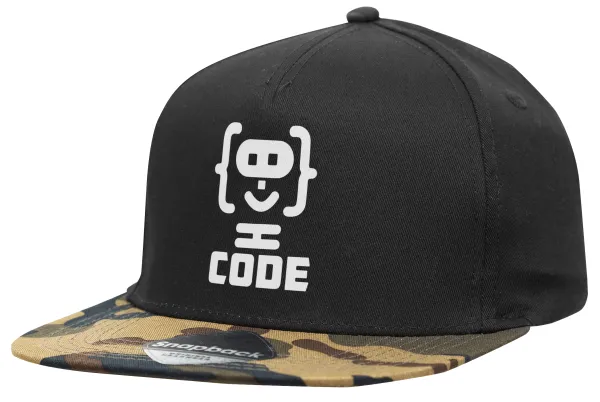 Code Heroes symbol — Adult Flat Snapback Hat Black/Camouflage, (100% COTTON TWILL, ADULT, UNISEX, ONE SIZE)