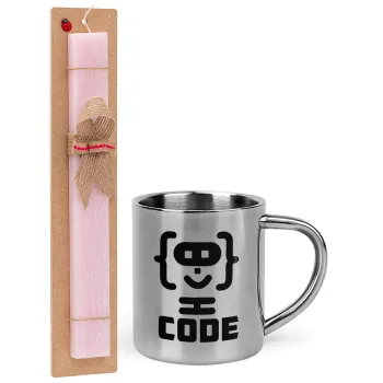 Code Heroes symbol, Easter Set, metallic thermal cup (300ml) & aromatic flat Easter candle (30cm) (PINK)