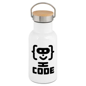 Code Heroes symbol, Metallic thermos (Stainless steel) White with wooden lid (bamboo), double-walled, 350ml