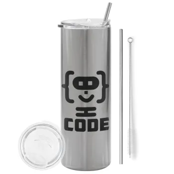 Code Heroes symbol, Tumbler stainless steel Silver 600ml, with metal straw & cleaning brush