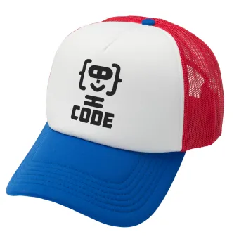 Code Heroes symbol, Adult Soft Trucker Hat with Red/Blue/White Mesh (POLYESTER, ADULT, UNISEX, ONE SIZE)