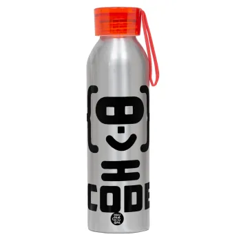Code Heroes symbol, Αλουμινένιο Αθλητικό Μπουκάλι 650ml – Ασημί με Κόκκινο Καπάκι και Λουράκι Σιλικόνης
