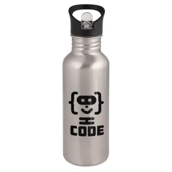 Code Heroes symbol, Παγούρι νερού Ασημένιο με καλαμάκι, ανοξείδωτο ατσάλι 600ml