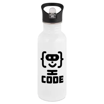 Code Heroes symbol, White water bottle with straw, stainless steel 600ml