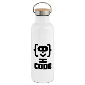 Code Heroes symbol, Stainless steel White with wooden lid (bamboo), double wall, 750ml