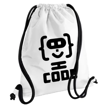 Code Heroes symbol, Backpack pouch GYMBAG white, with pocket (40x48cm) & thick cords