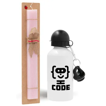Code Heroes symbol, Easter Set, metallic aluminum bottle (500ml) & aromatic flat Easter candle (30cm) (PINK)