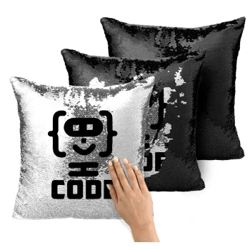 Code Heroes symbol, Μαξιλάρι καναπέ Μαγικό Μαύρο με πούλιες 40x40cm περιέχεται το γέμισμα