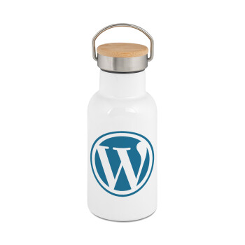 Wordpress, Μεταλλικό παγούρι θερμός (Stainless steel) Λευκό με ξύλινο καπακι (bamboo), διπλού τοιχώματος, 350ml