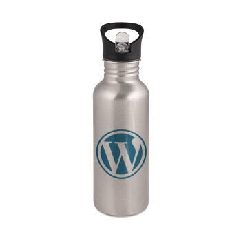 Wordpress, Water bottle Silver with straw, stainless steel 600ml