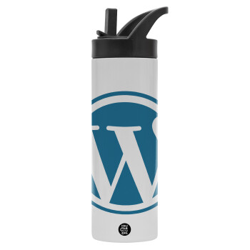 Wordpress, Μεταλλικό παγούρι θερμός με καλαμάκι & χειρολαβή, ανοξείδωτο ατσάλι (Stainless steel 304), διπλού τοιχώματος, 600ml