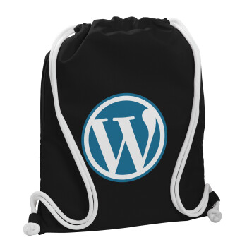Wordpress, Τσάντα πλάτης πουγκί GYMBAG Μαύρη, με τσέπη (40x48cm) & χονδρά λευκά κορδόνια