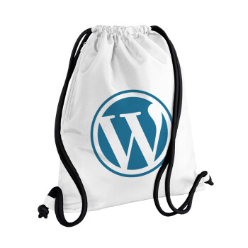 Wordpress, Τσάντα πλάτης πουγκί GYMBAG λευκή, με τσέπη (40x48cm) & χονδρά κορδόνια