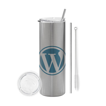 Wordpress, Eco friendly ποτήρι θερμό Ασημένιο (tumbler) από ανοξείδωτο ατσάλι 600ml, με μεταλλικό καλαμάκι & βούρτσα καθαρισμού