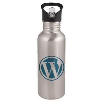 Wordpress, Water bottle Silver with straw, stainless steel 600ml