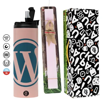 Wordpress, Πασχαλινή Λαμπάδα με  ΡΟΖ Travel Tumbler θερμό (600ml, BPA free) & κερί αρωματικό πλακέ (30cm) (ΡΟΖ)