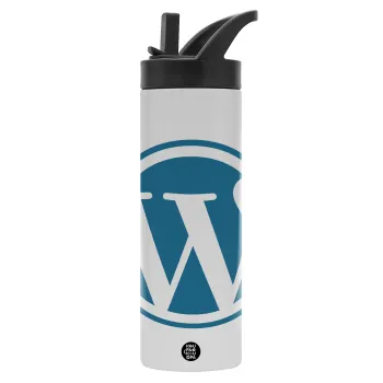 Wordpress, Μεταλλικό παγούρι θερμός με καλαμάκι & χειρολαβή, ανοξείδωτο ατσάλι (Stainless steel 304), διπλού τοιχώματος, 600ml