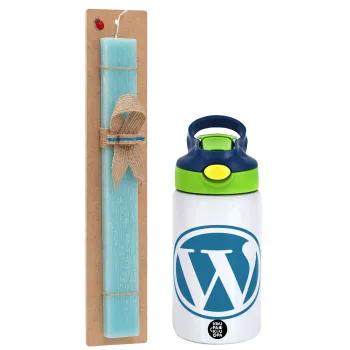 Wordpress, Easter Set, Children's thermal stainless steel bottle with safety straw, green/blue (350ml) & aromatic flat Easter candle (30cm) (TURQUOISE)
