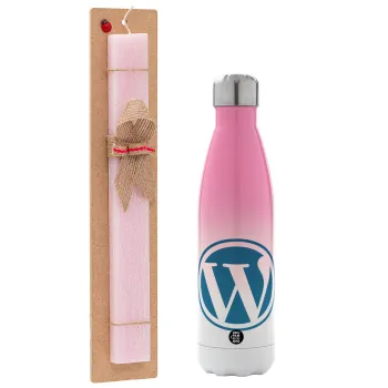 Wordpress, Easter Set, Metallic pink/white (Stainless steel) thermos, double-walled, 500ml & aromatic flat Easter candle (30cm) (PINK)