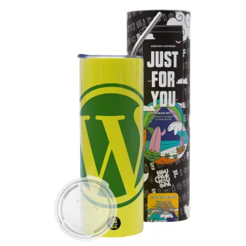 Wordpress, Neon Yellow Travel Tumbler θερμό, μεταλλικό καλαμάκι(Ανωξείδωτο 304 Food grade, BPA free, 600ml)