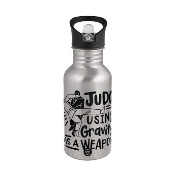 Judo using gravity as a weapon, Water bottle Silver with straw, stainless steel 500ml