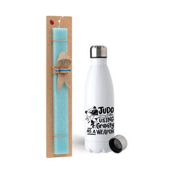 Judo using gravity as a weapon, Easter Set, metallic stainless steel water bottle (750ml) & aromatic flat Easter candle (30cm) (TURQUOISE)