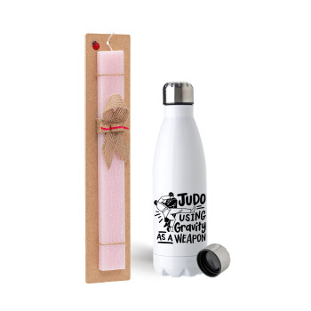 Judo using gravity as a weapon, Easter Set, metallic stainless steel water bottle (750ml) & scented flat Easter candle (30cm) (PINK)