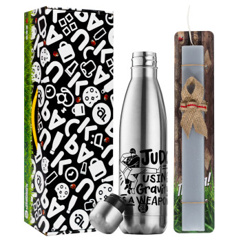 Judo using gravity as a weapon, Easter Set, metallic stainless thermos flask (500ml) & scented flat Easter candle (30cm) (GRAY)