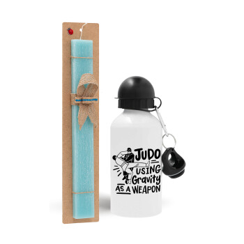 Judo using gravity as a weapon, Easter Set, metallic aluminum water bottle (500ml) & scented flat candle (30cm) (TURQUOISE)
