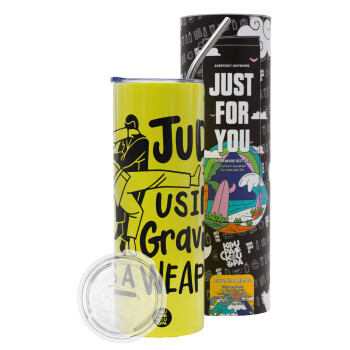 Judo using gravity as a weapon, Neon Yellow Travel Tumbler θερμό, μεταλλικό καλαμάκι(Ανωξείδωτο 304 Food grade, BPA free, 600ml)