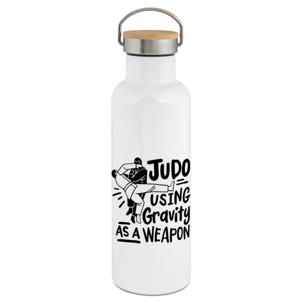 Judo using gravity as a weapon — Μεταλλικό παγούρι θερμός (Stainless steel) Λευκό με ξύλινο καπάκι (bamboo), διπλού τοιχώματος, 750ml