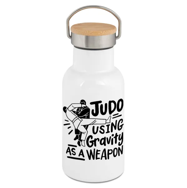 Judo using gravity as a weapon — Metallic thermos (Stainless steel) White with wooden lid (bamboo), double-walled, 350ml