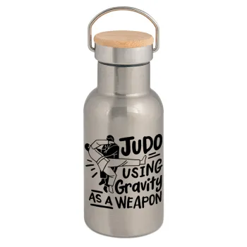 Judo using gravity as a weapon, Μεταλλικό παγούρι θερμός (Stainless steel) Ασημένιο με ξύλινο καπακι (bamboo), διπλού τοιχώματος, 350ml