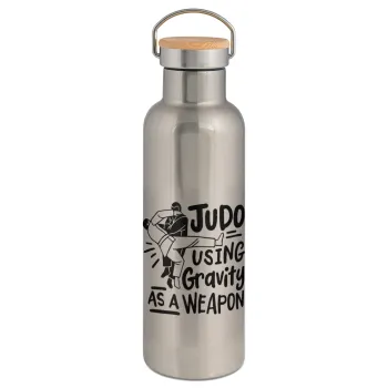 Judo using gravity as a weapon, Μεταλλικό παγούρι θερμός (Stainless steel) Ασημένιο με ξύλινο καπακι (bamboo), διπλού τοιχώματος, 750ml