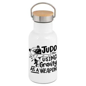 Judo using gravity as a weapon, Metallic thermos (Stainless steel) White with wooden lid (bamboo), double-walled, 350ml