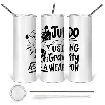 Judo using gravity as a weapon, Tumbler ποτήρι θερμό από ανοξείδωτο ατσάλι 600ml, με μεταλλικό καλαμάκι & βούρτσα καθαρισμού