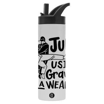 Judo using gravity as a weapon, Metallic thermos bottle with straw & handle, stainless steel (Stainless steel 304), double-walled, 600ml.