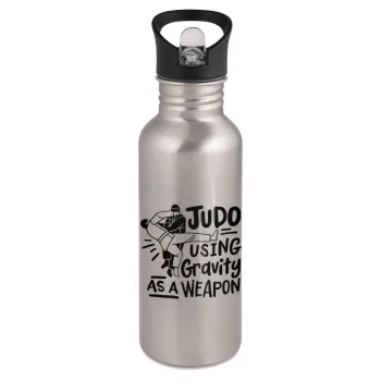 Judo using gravity as a weapon, Παγούρι νερού Ασημένιο με καλαμάκι, ανοξείδωτο ατσάλι 600ml