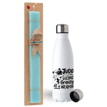 Judo using gravity as a weapon, Easter Set, metallic stainless steel water bottle (750ml) & aromatic flat Easter candle (30cm) (TURQUOISE)