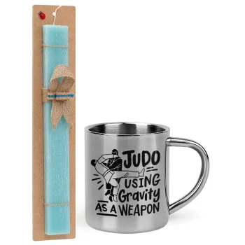 Judo using gravity as a weapon, Easter Set, metallic thermal cup (300ml) & aromatic flat Easter candle (30cm) (TURQUOISE)