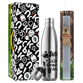 Judo using gravity as a weapon, Easter Set, metallic stainless thermos flask (500ml) & scented flat Easter candle (30cm) (GRAY)