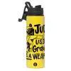 Metallic water bottle with safety lid, 850ml aluminum